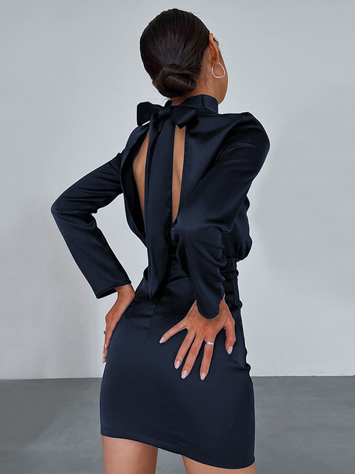 Satin Mock Neck Long Sleeve Bow Tie Back Open Back Mini Dress - View 6