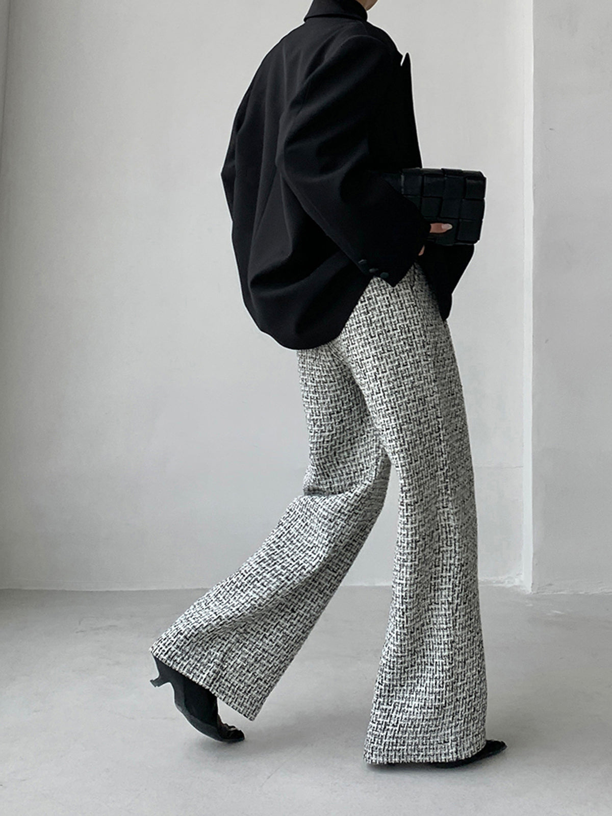 Tweed Houndstooth Wide Leg High Waist Dress Pants - View 2