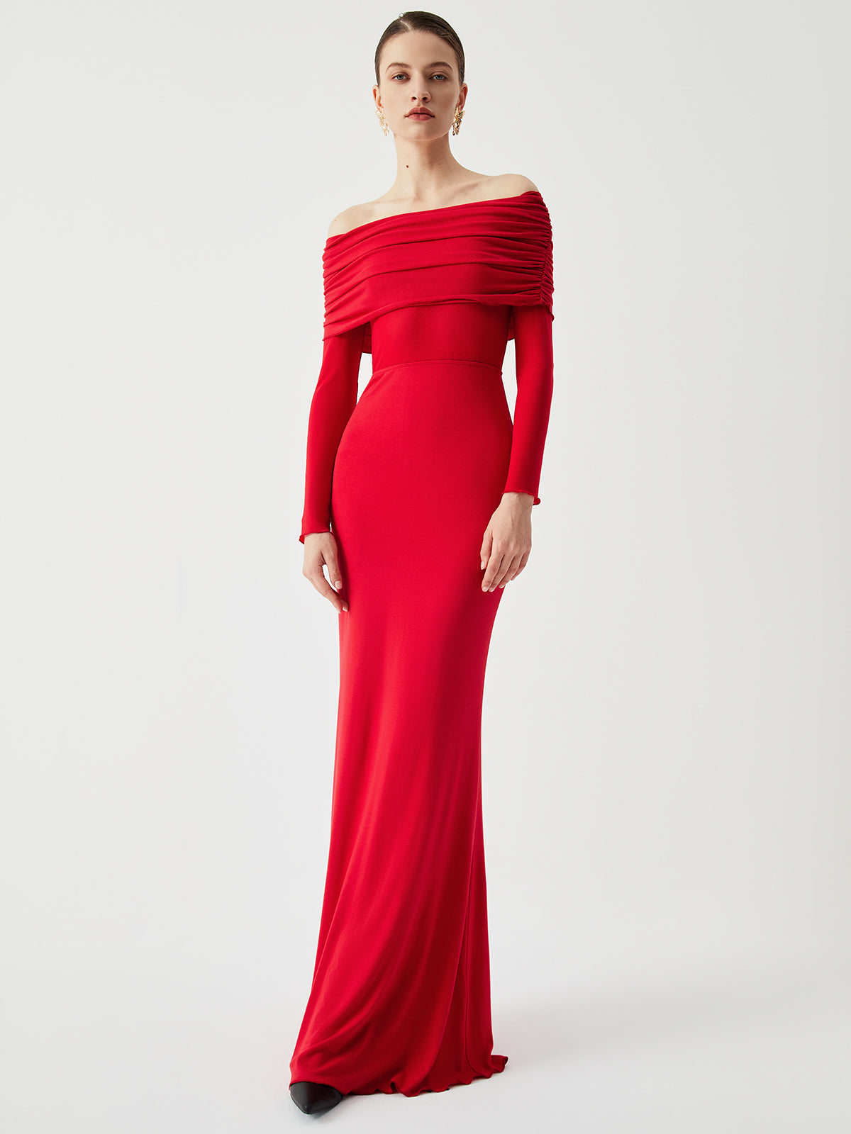 Overfold Off-Shoulder Mesh Long Sleeve Long Dress - View 4