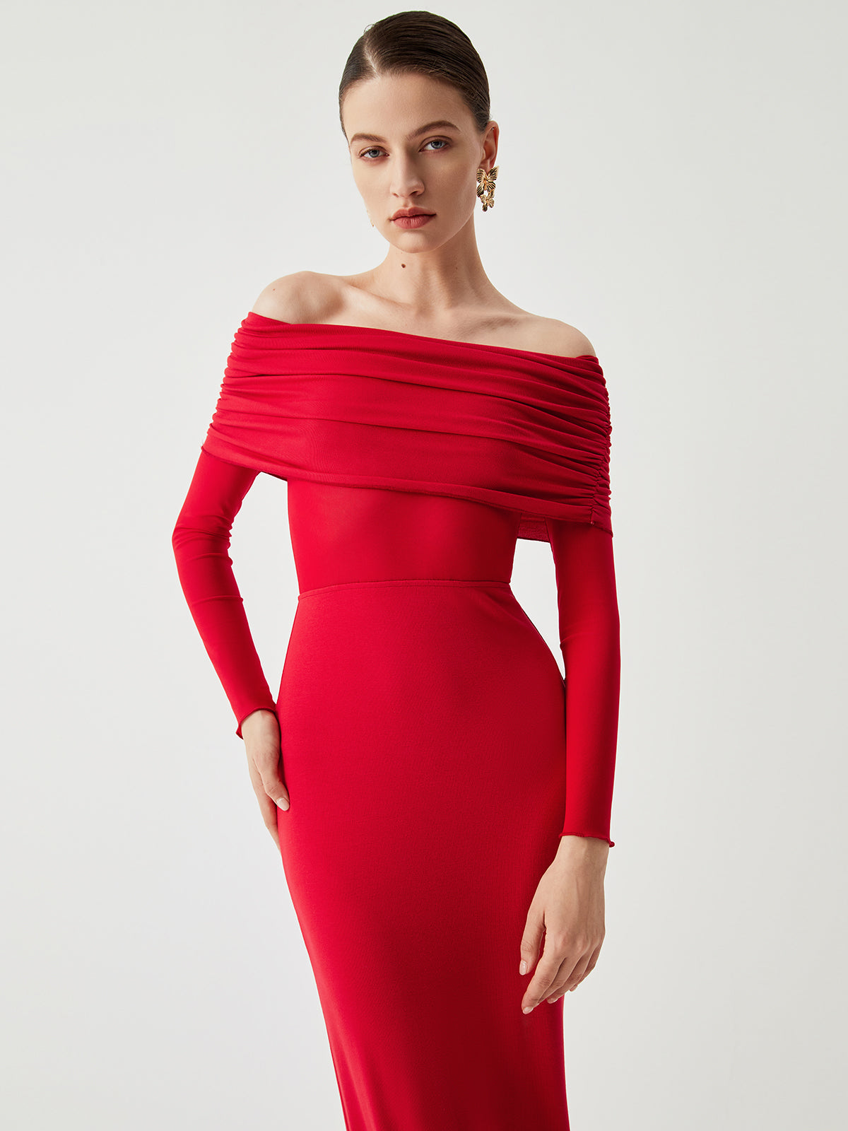 Abriella Off Shoulder Overfold Mesh Maxi Dress - View 5