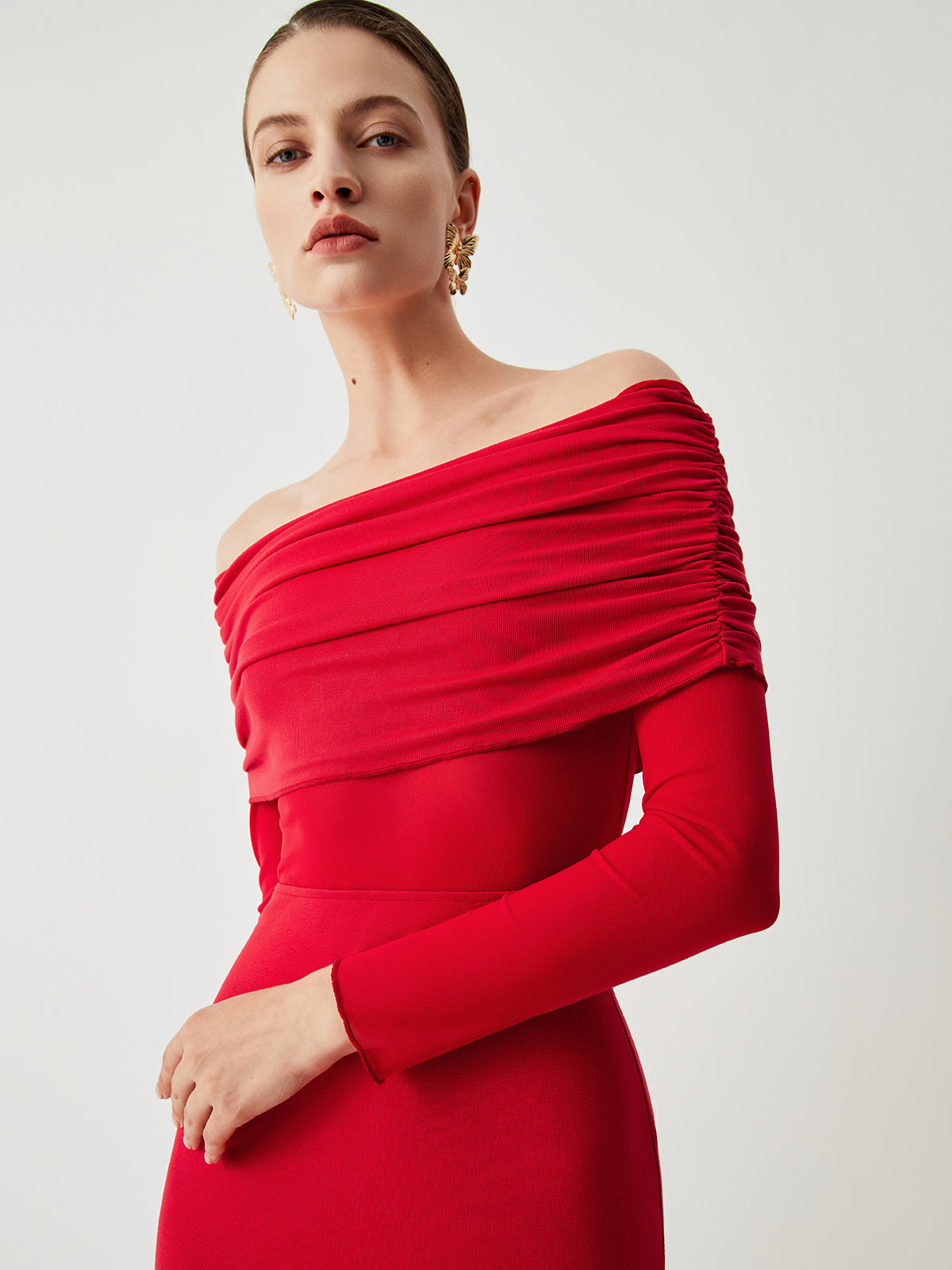 Overfold Off Shoulder Mesh Long Sleeve Long Dress - View 6