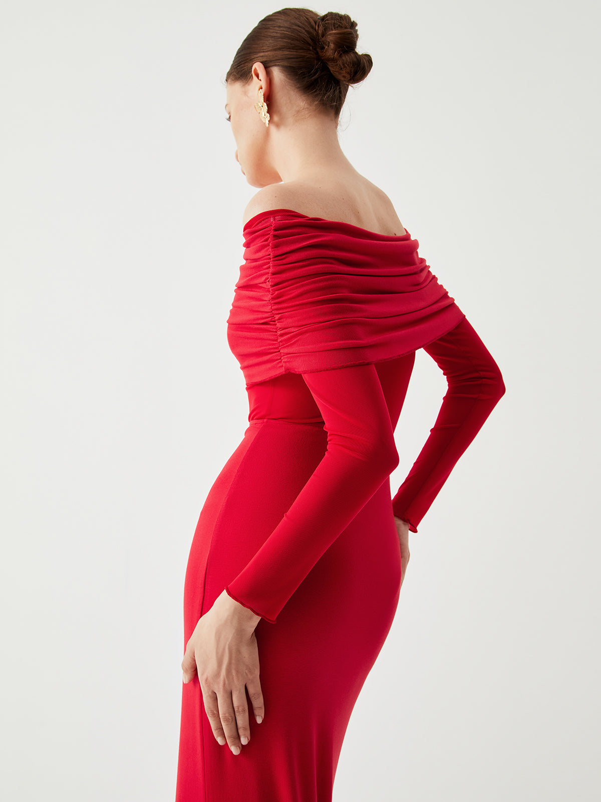 Overfold Off-Shoulder Mesh Long Sleeve Long Dress - View 8
