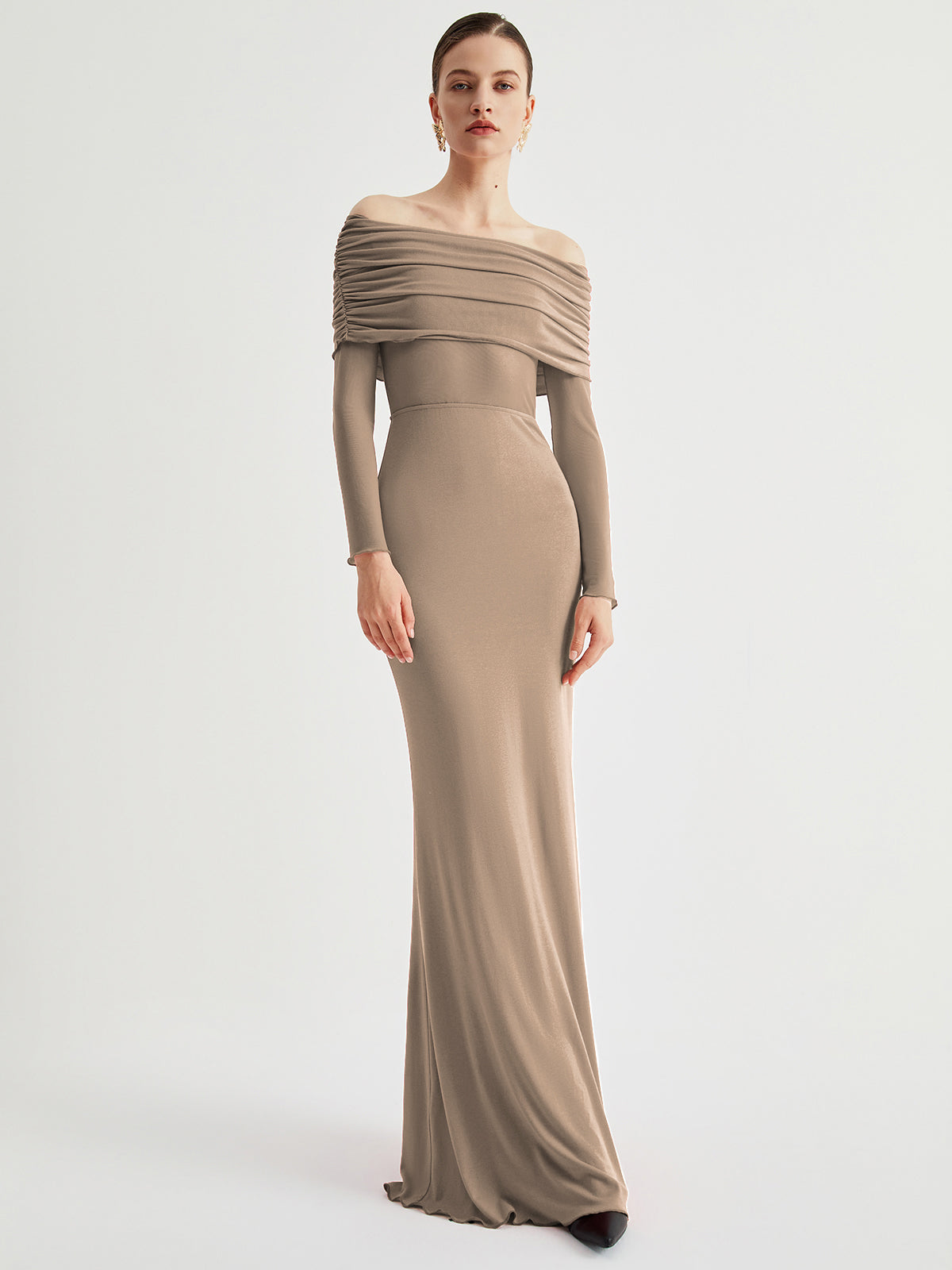 Overfold Off-Shoulder Mesh Long Sleeve Long Dress - View 15