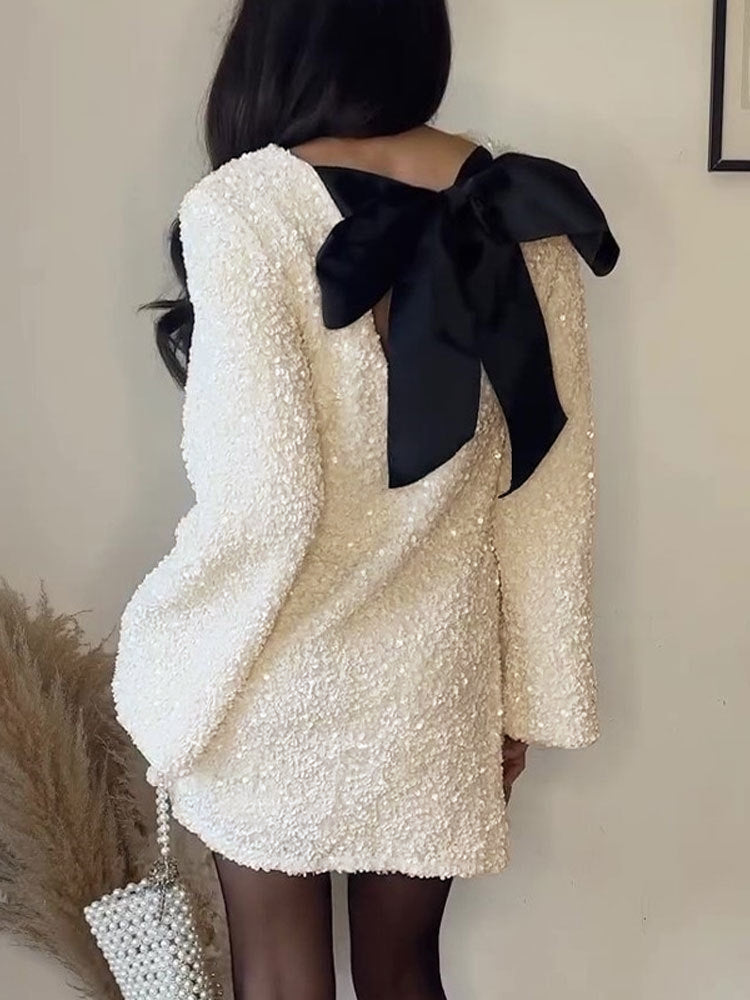 Sequin Bow Neck Long Sleeve Swing Mini Dress - View 2