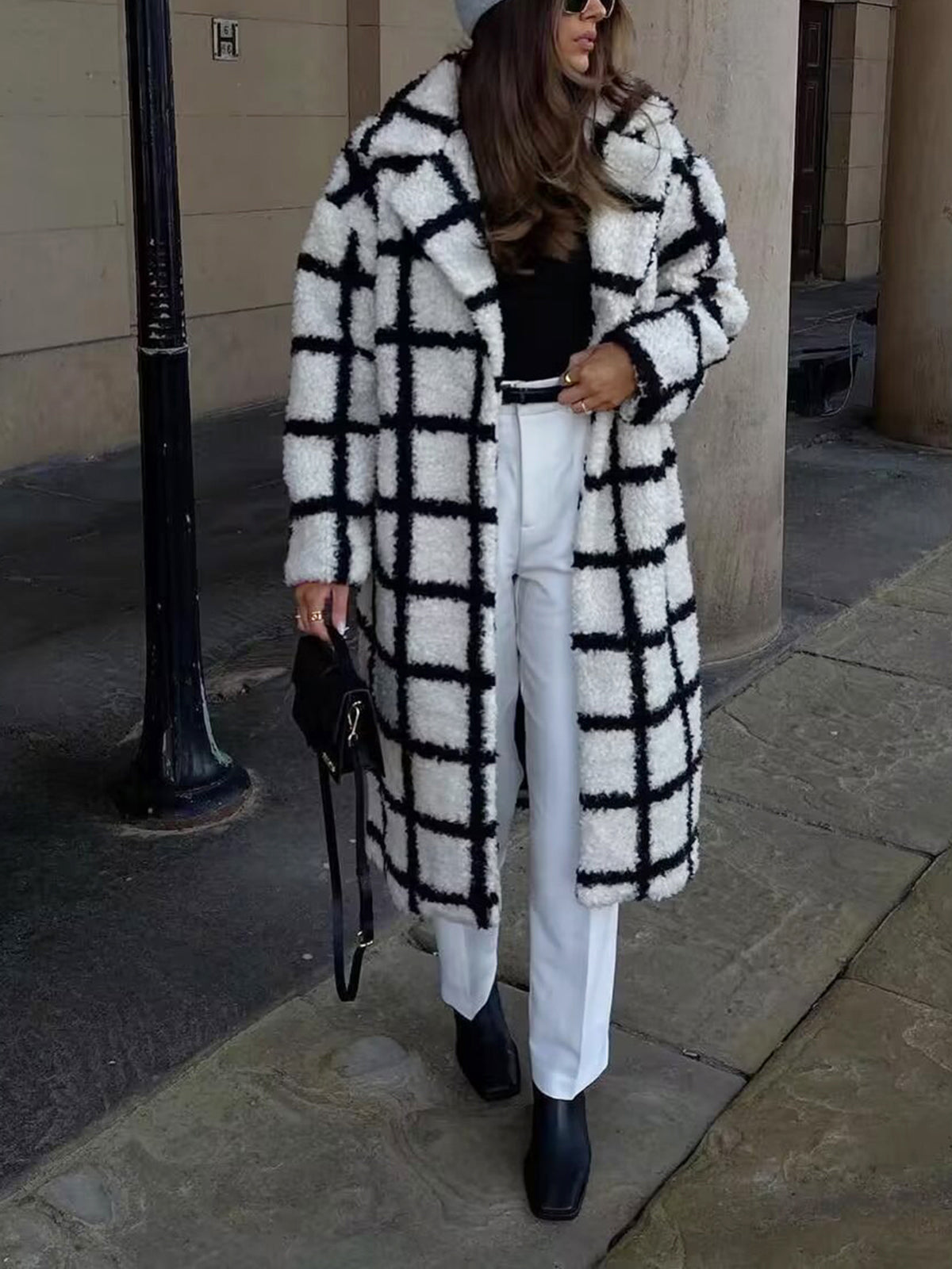 Checkered Button Graceful Sherpa Jacket Black / S Fleece Jackets