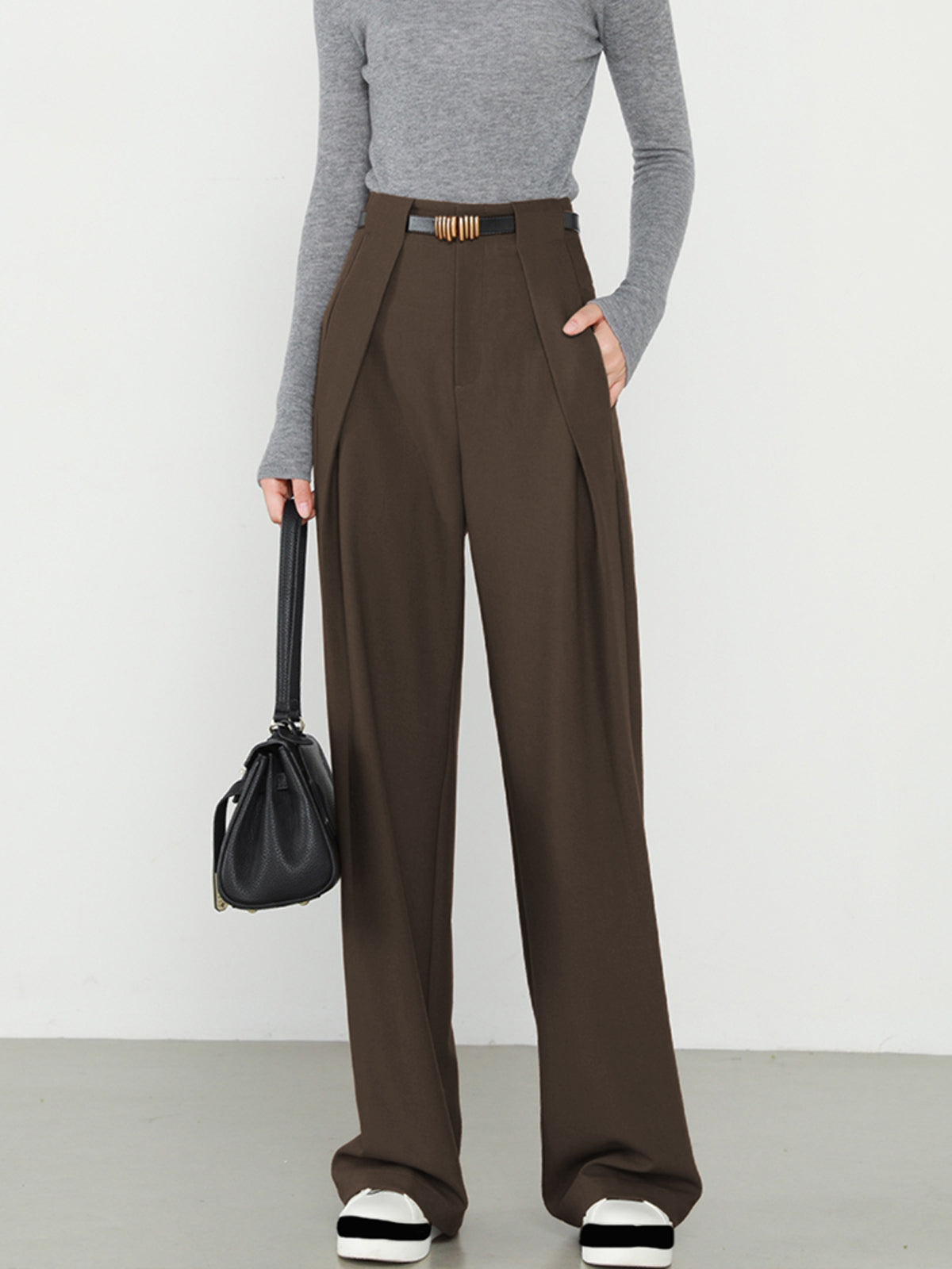 Middle Waist Solid Trendy Pocket Straight Leg Pants