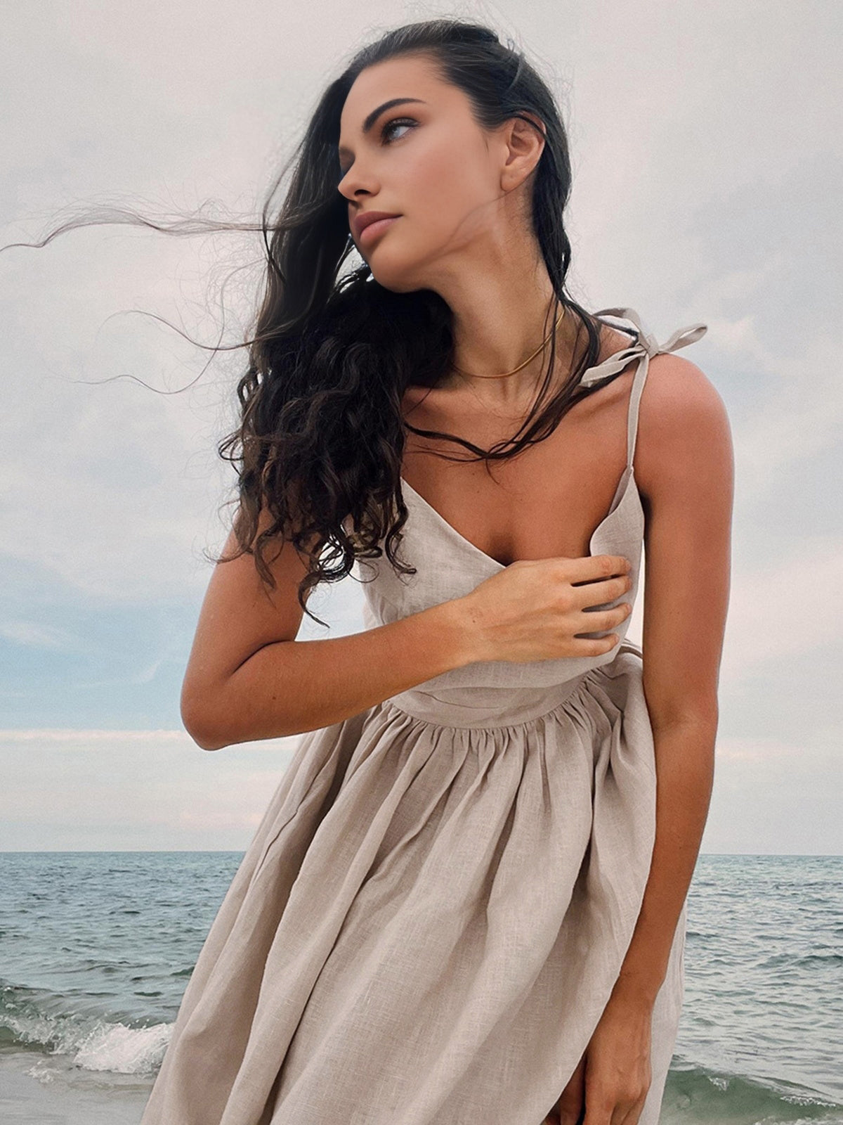 Backless Cotton Linen Lace Up Midi Dress - View 4