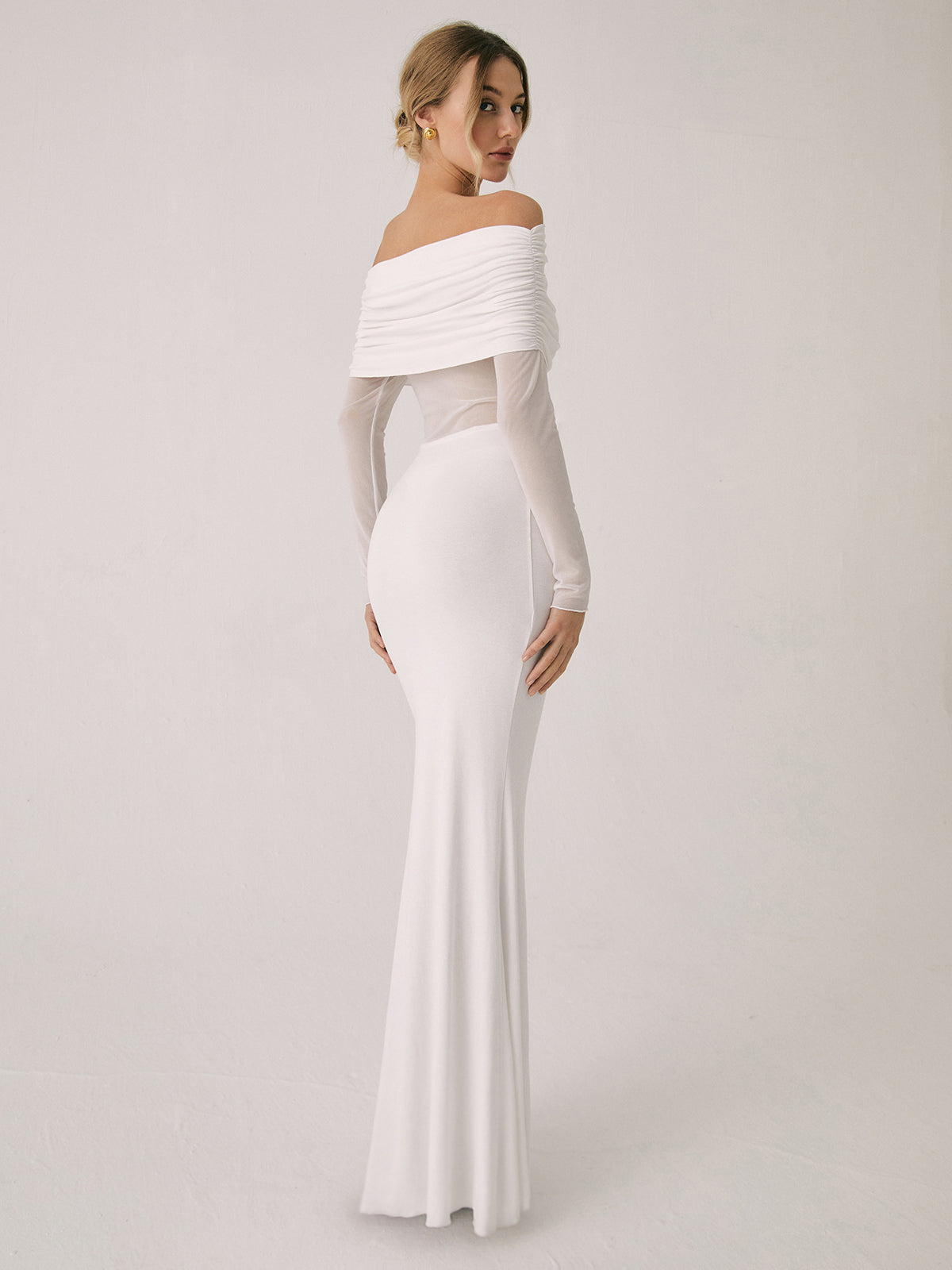 Overfold Off-Shoulder Mesh Long Sleeve Long Dress - View 12
