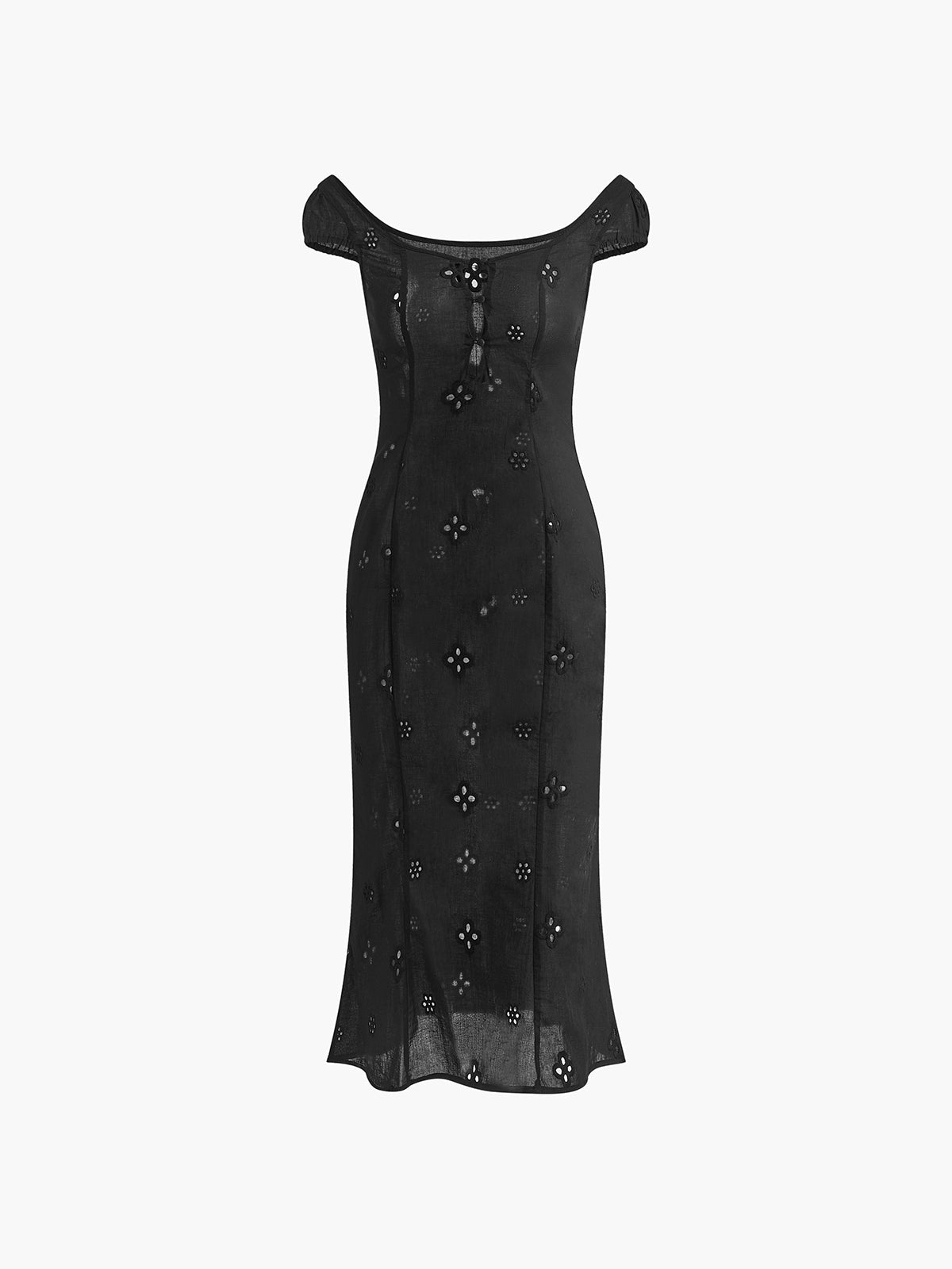 Off Shoulder Puff Sleeve Floral Eyelet Cut Out Slit Midi Dress - View 7