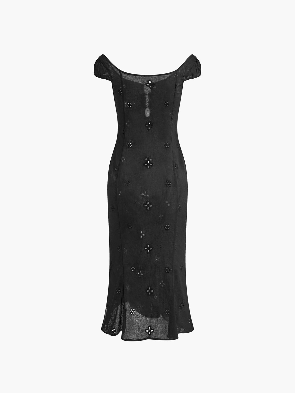 Off Shoulder Puff Sleeve Floral Eyelet Cut Out Slit Midi Dress - View 8