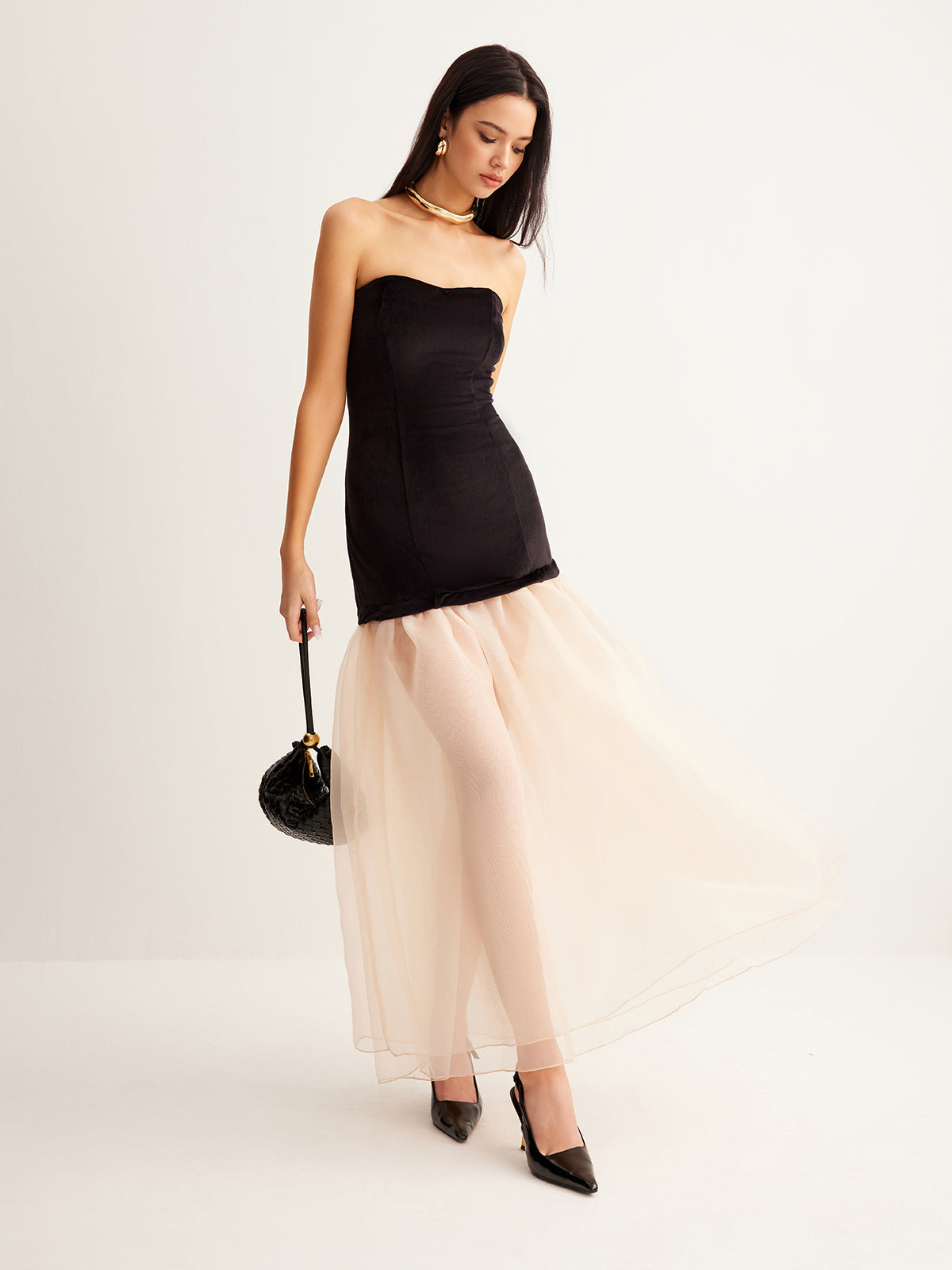 Strapless Corset Bodice Sheer Tiered Organza Skirt Maxi Gown - View 6