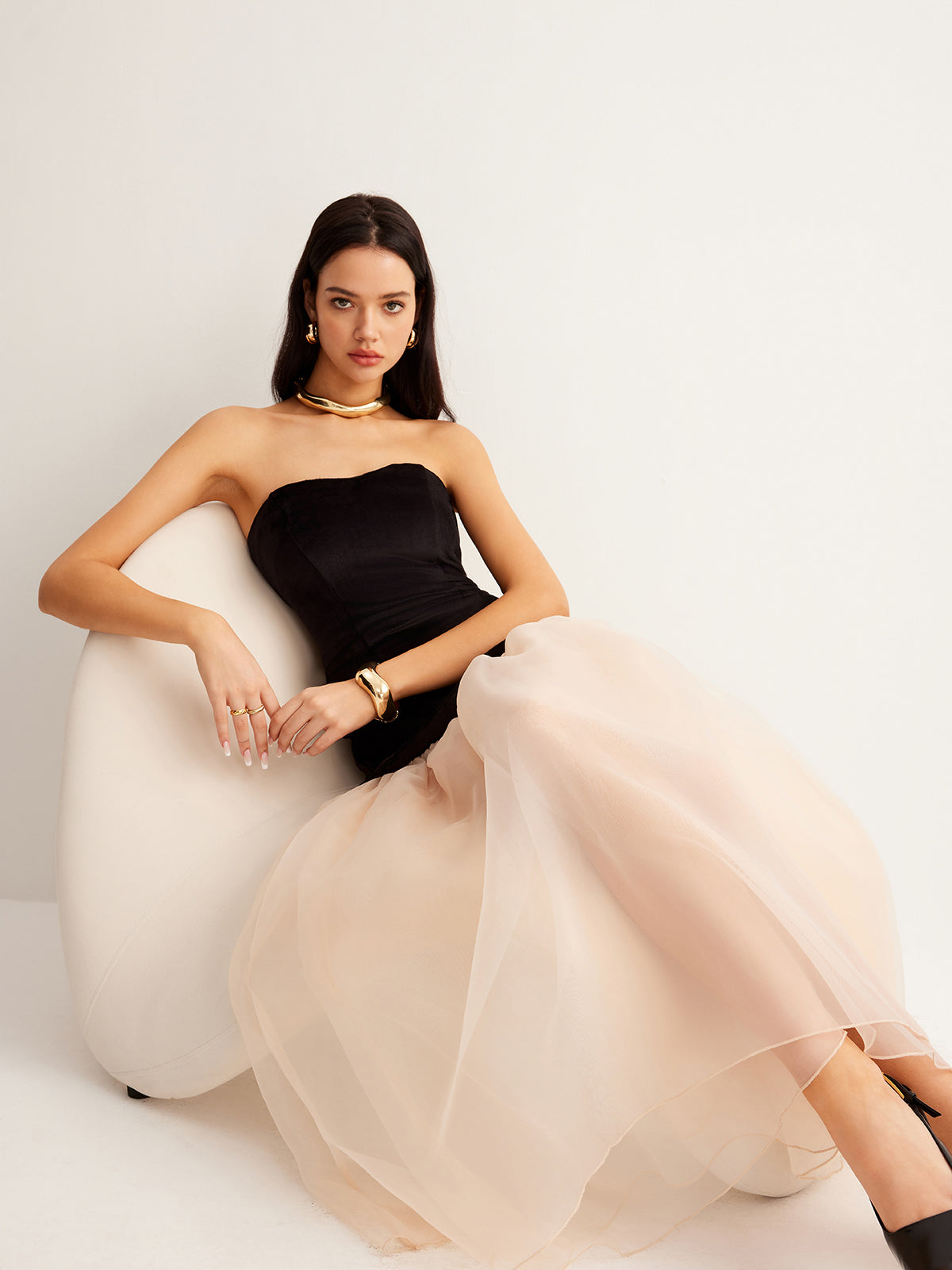 Strapless Corset Bodice Sheer Tiered Organza Skirt Maxi Gown