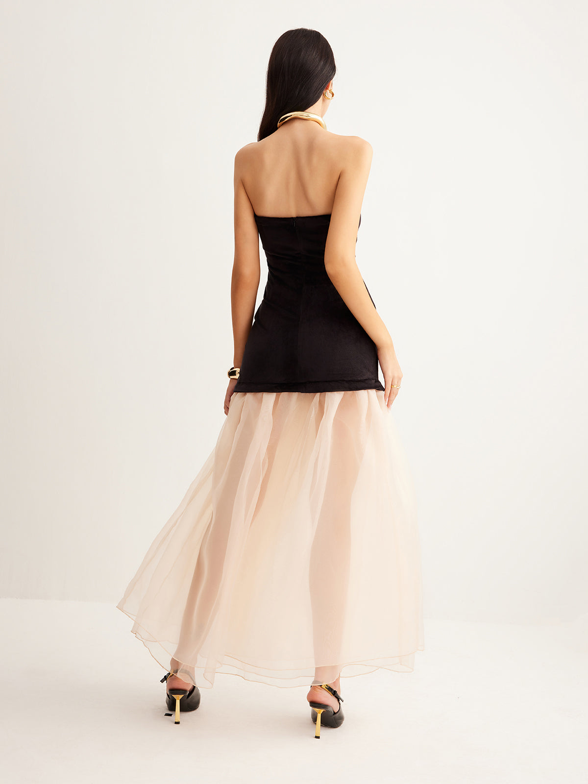 Strapless Corset Bodice Sheer Tiered Organza Skirt Maxi Gown - View 4