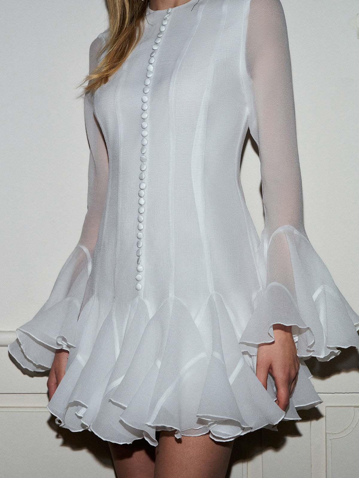 Sheer Mesh Long Sleeve Ruffle Bell Cuff Tiered Mini Dress - View 7