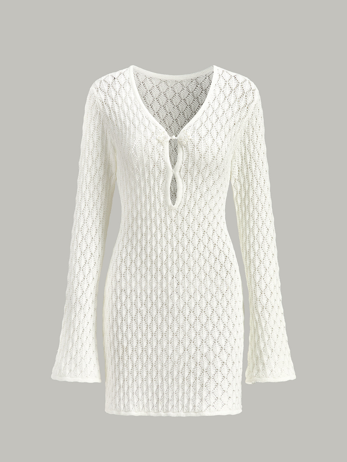 Open Knit Deep V-Neck Keyhole Cut Out Bell Sleeve Mini Dress