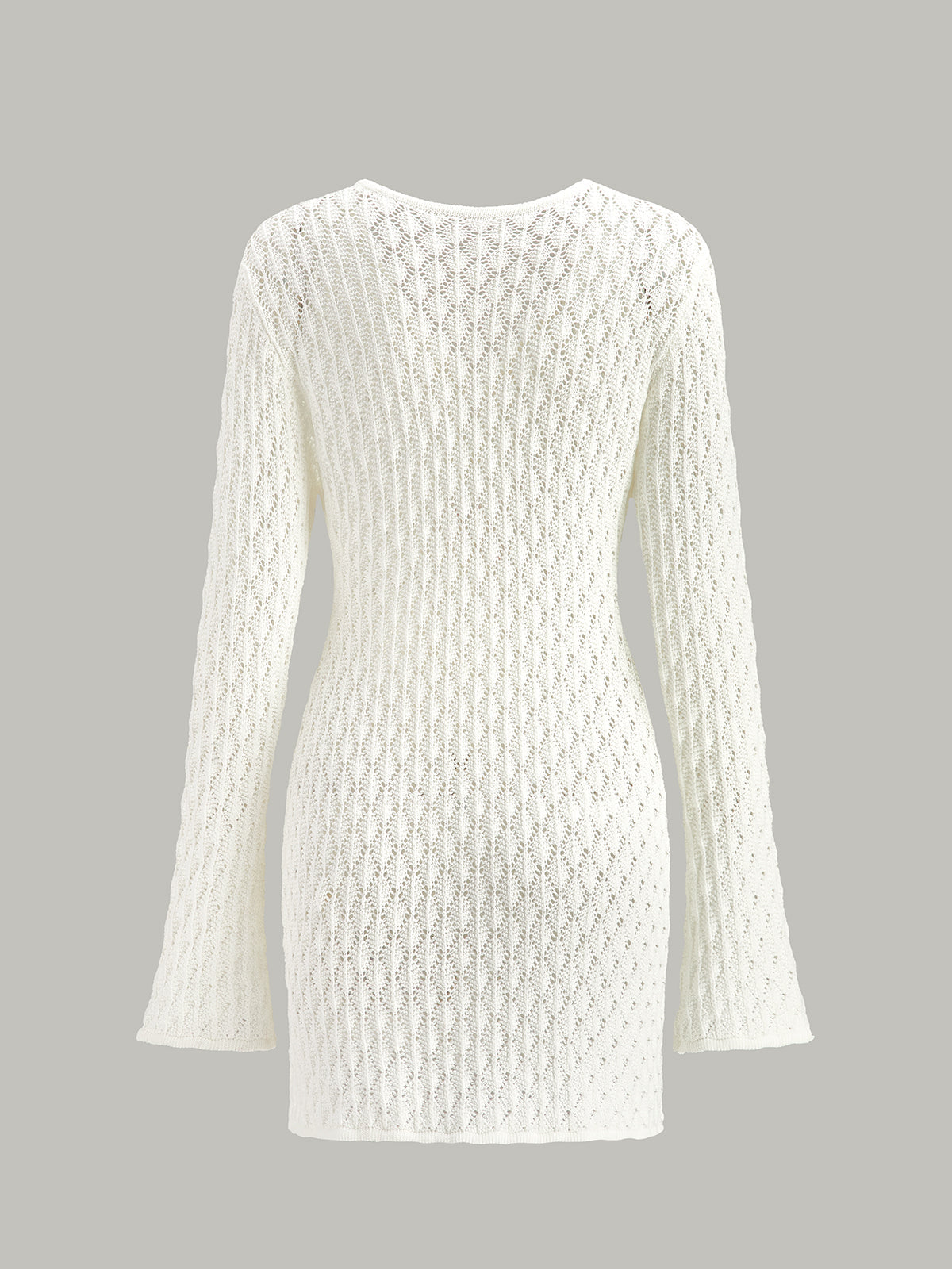 Open Knit Deep V-Neck Keyhole Cut Out Bell Sleeve Mini Dress - View 3
