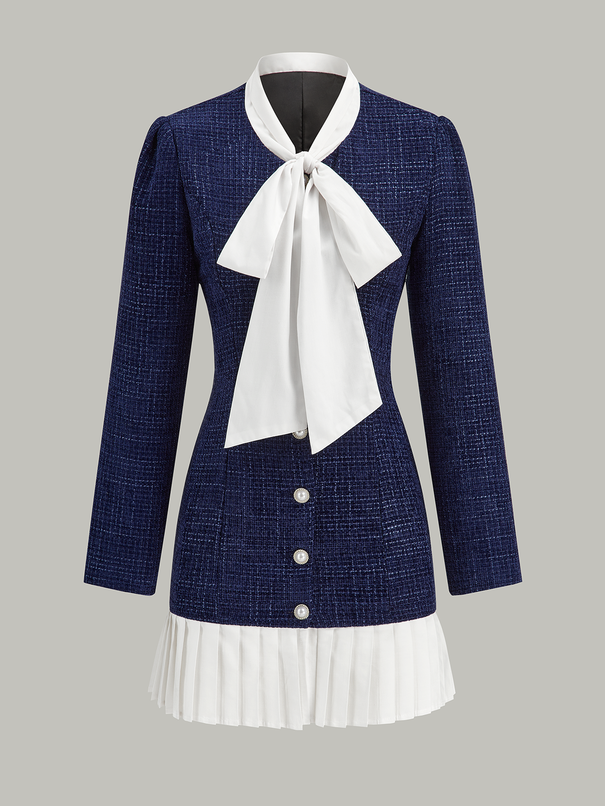 Tweed Bow Neck Long Sleeve Button Front Pleated Hem Mini Dress - View 2