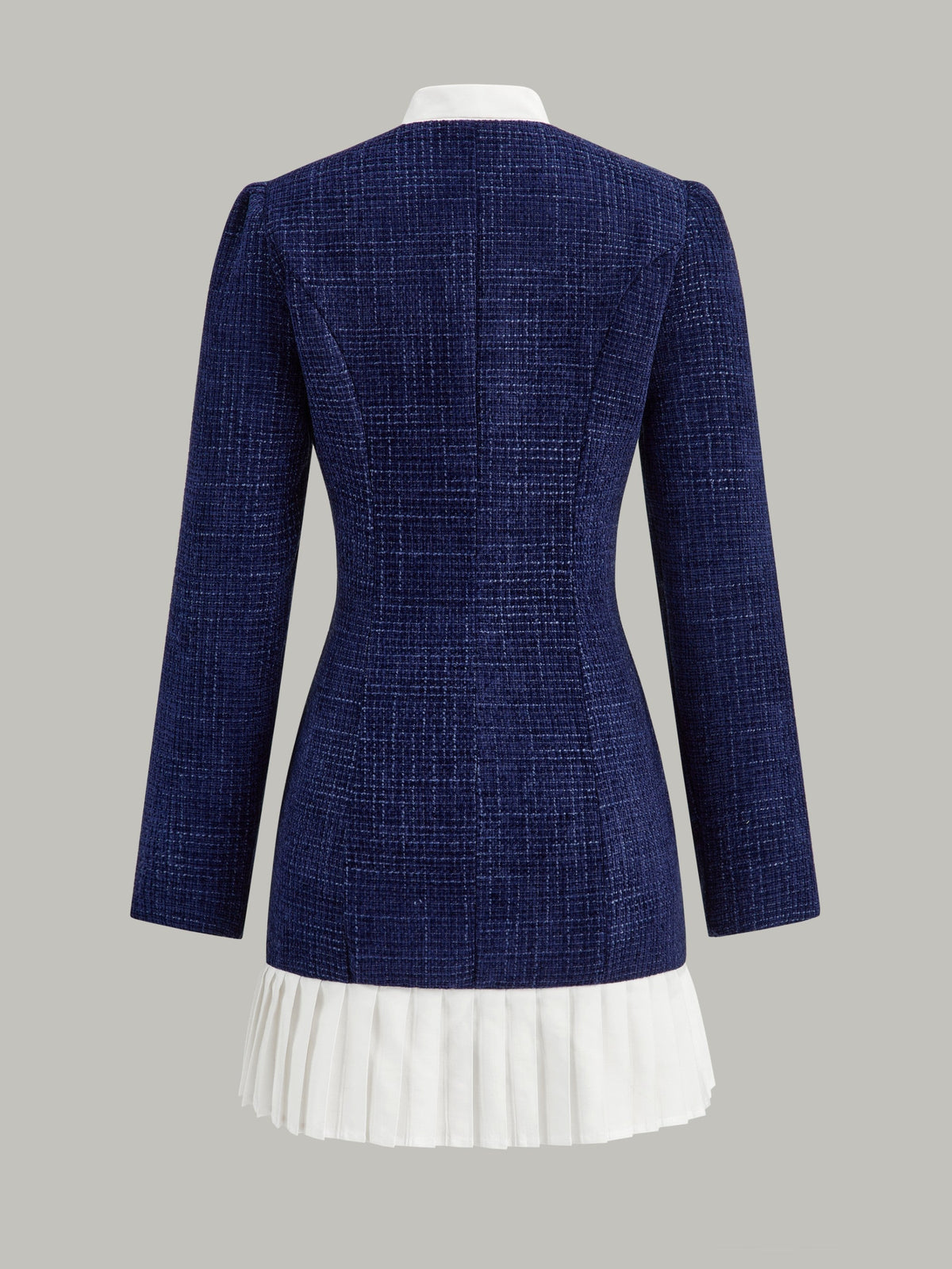 Tweed Bow Neck Long Sleeve Button Front Pleated Hem Mini Dress - View 3