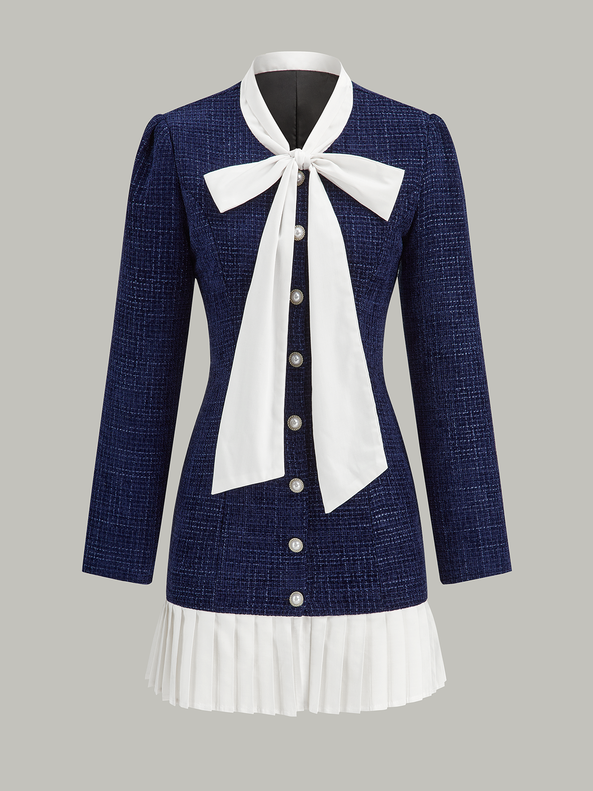 Tweed Bow Neck Long Sleeve Button Front Pleated Hem Mini Dress