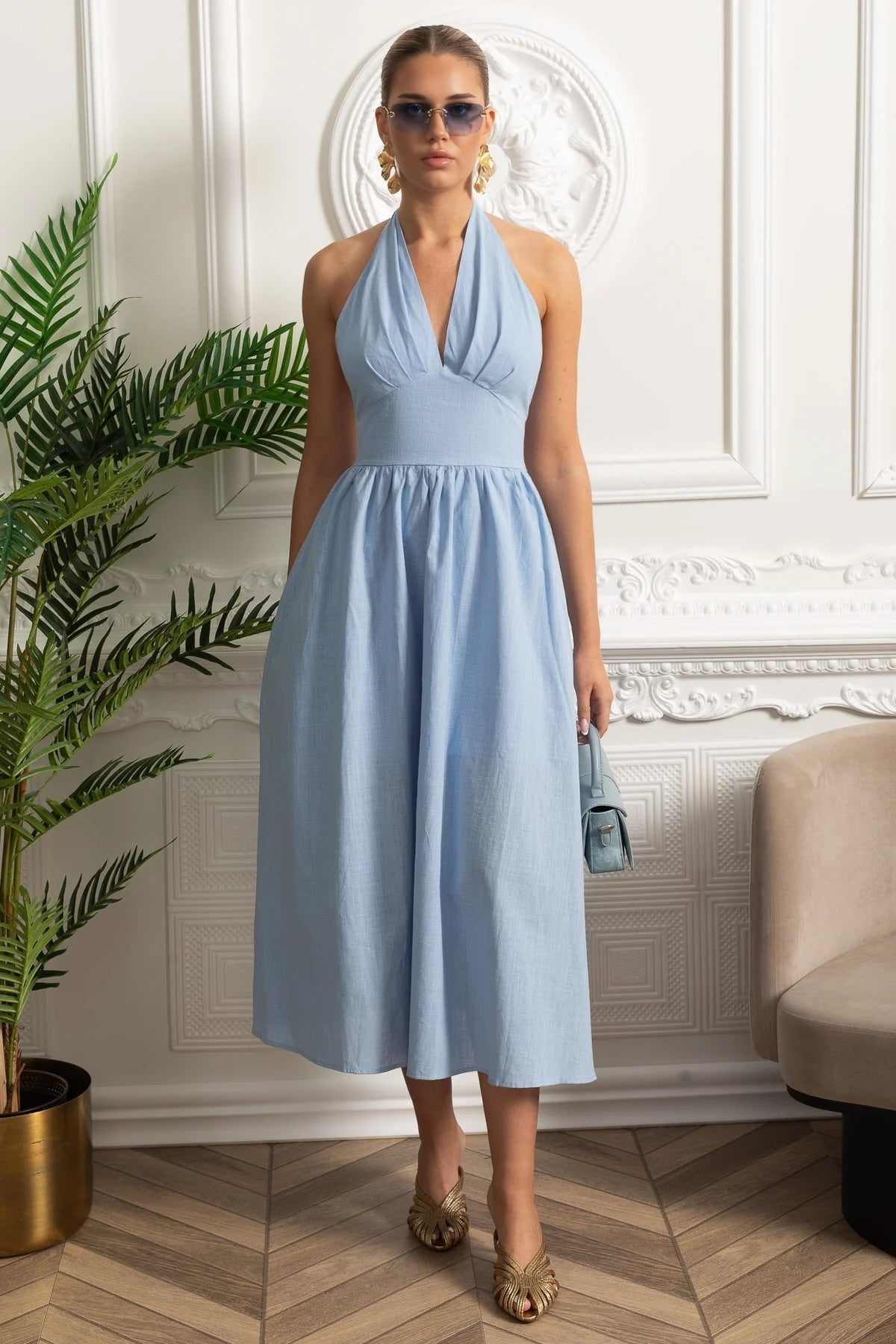 Halterneck Midi Dress With A-line Gathered Skirt - Blue