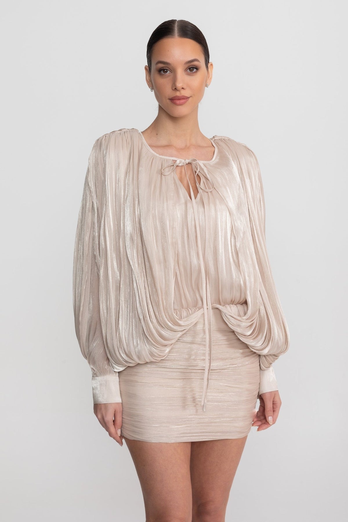 Draped Long Sleeve Mini Dress With Batwing Sleeves - Champagne - View 3