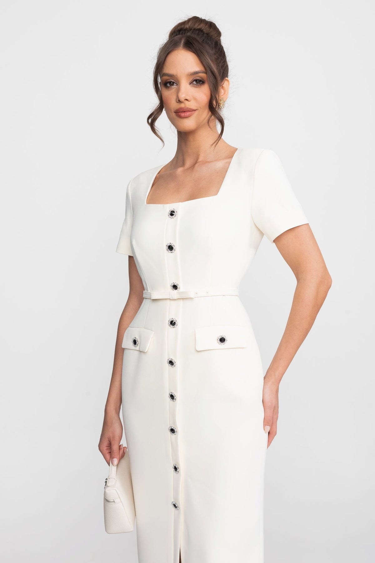 Square Neck Short Sleeve Jewel Button Belted Flap Pocket Midi Dress - View 6