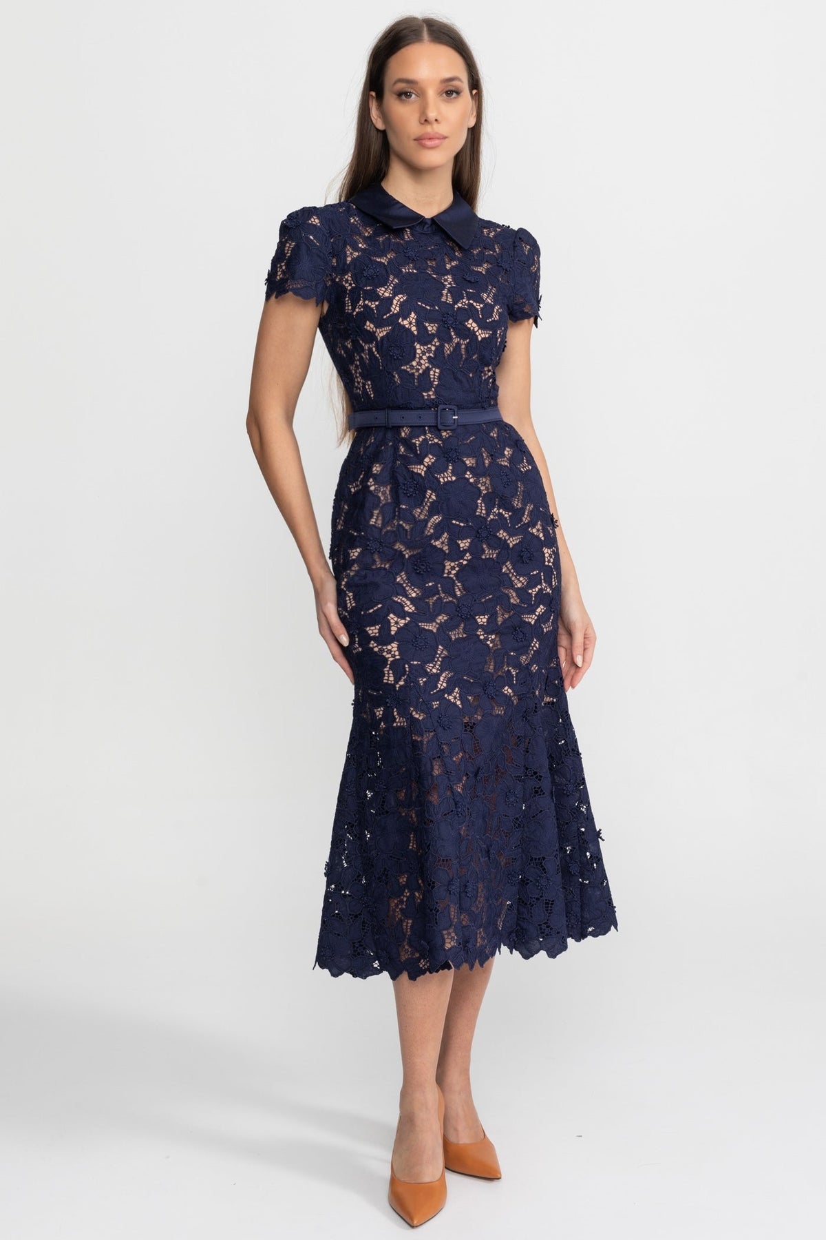 Lace Midi Dress with Belted Waist and Collared Neckline – Navy - View 4
