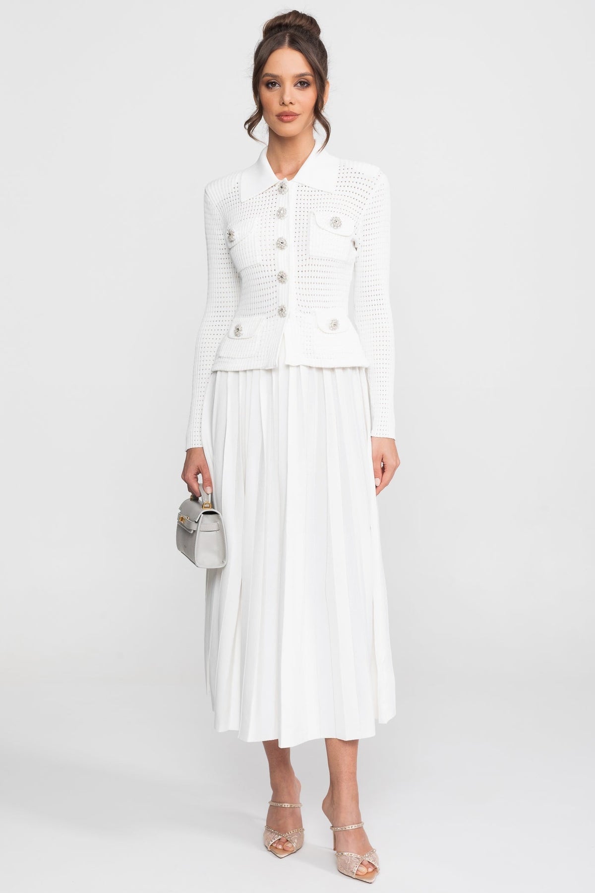 Open-Knit Dress with Pleated Midi Skirt - White - View 2