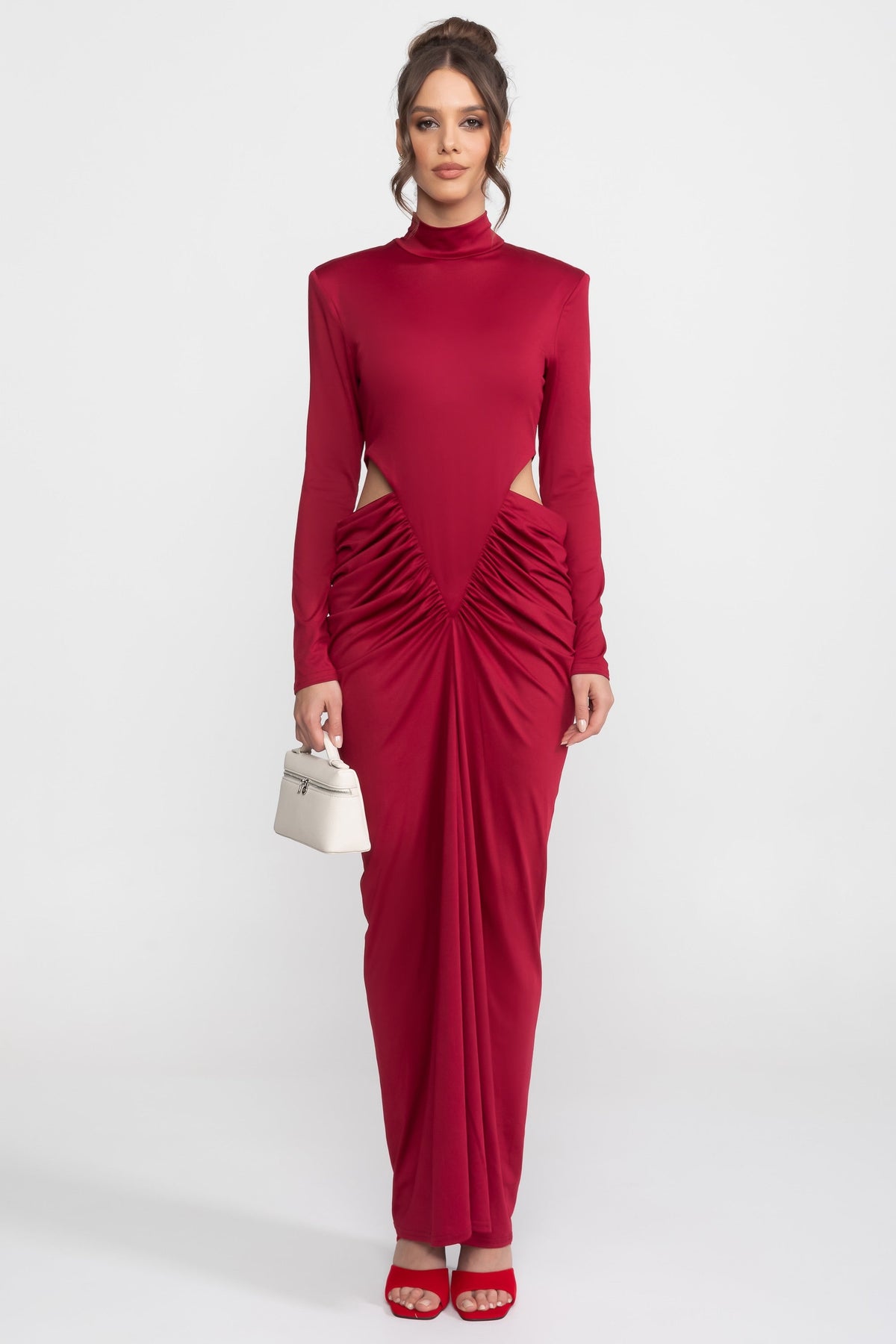 Mock Neck Long Sleeve Side Cut Out Ruched Column Maxi Gown