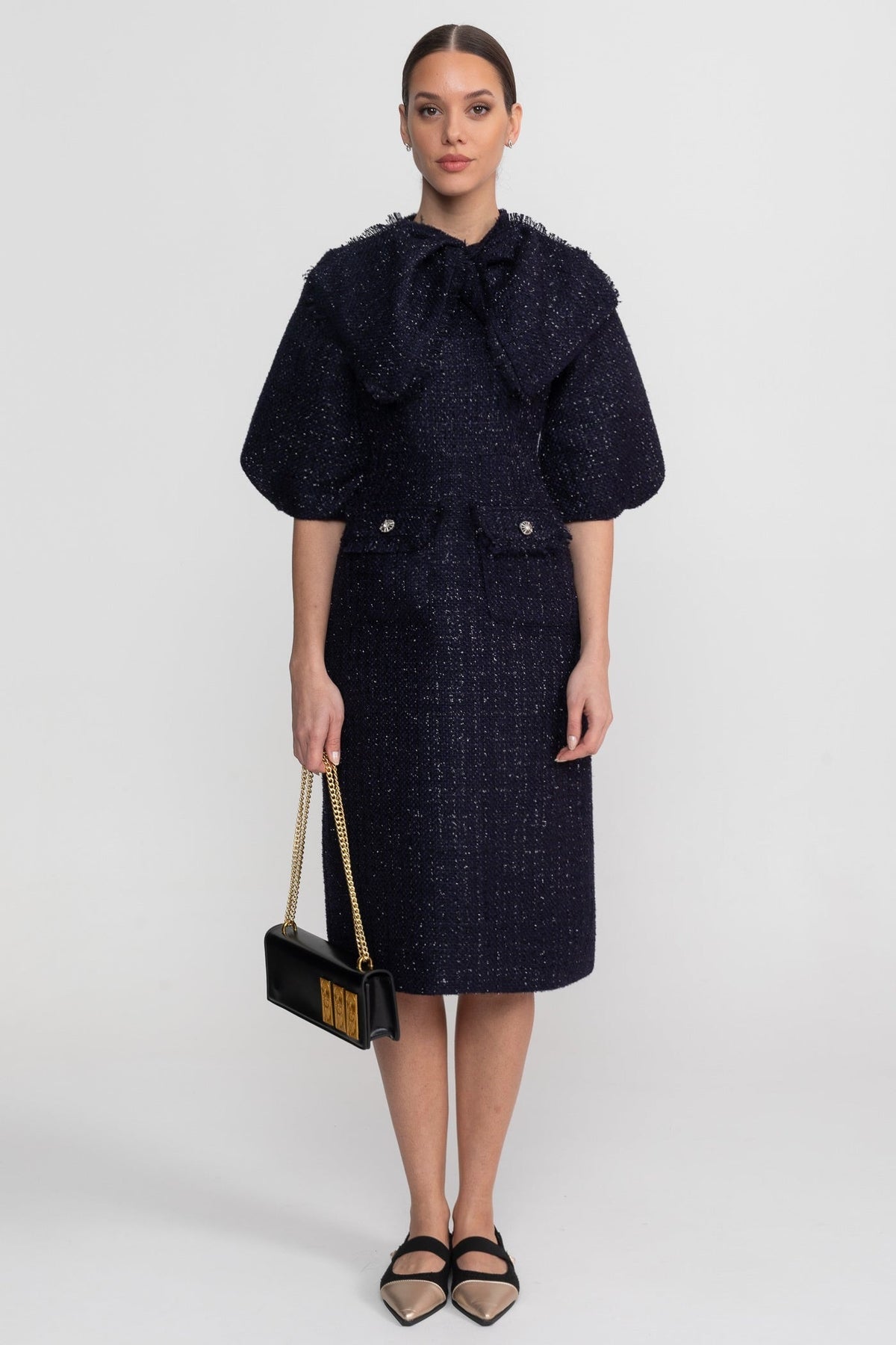 Tweed Pussy Bow Neck Puff Sleeve Pearl Button Patch Pocket Midi Dress - View 3