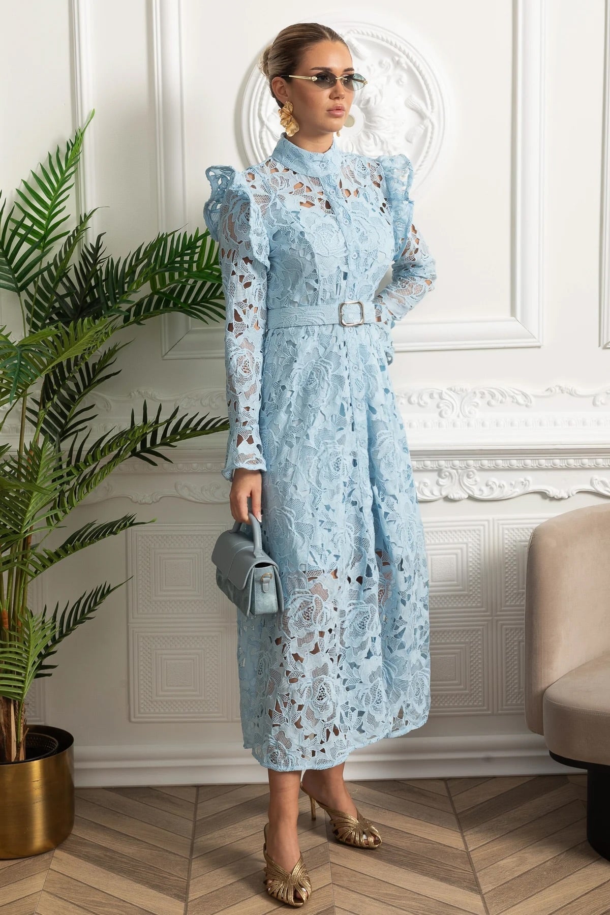 Lace Midi Dress with Ruffled Shoulders and Floral Detailing - Blue - View 4