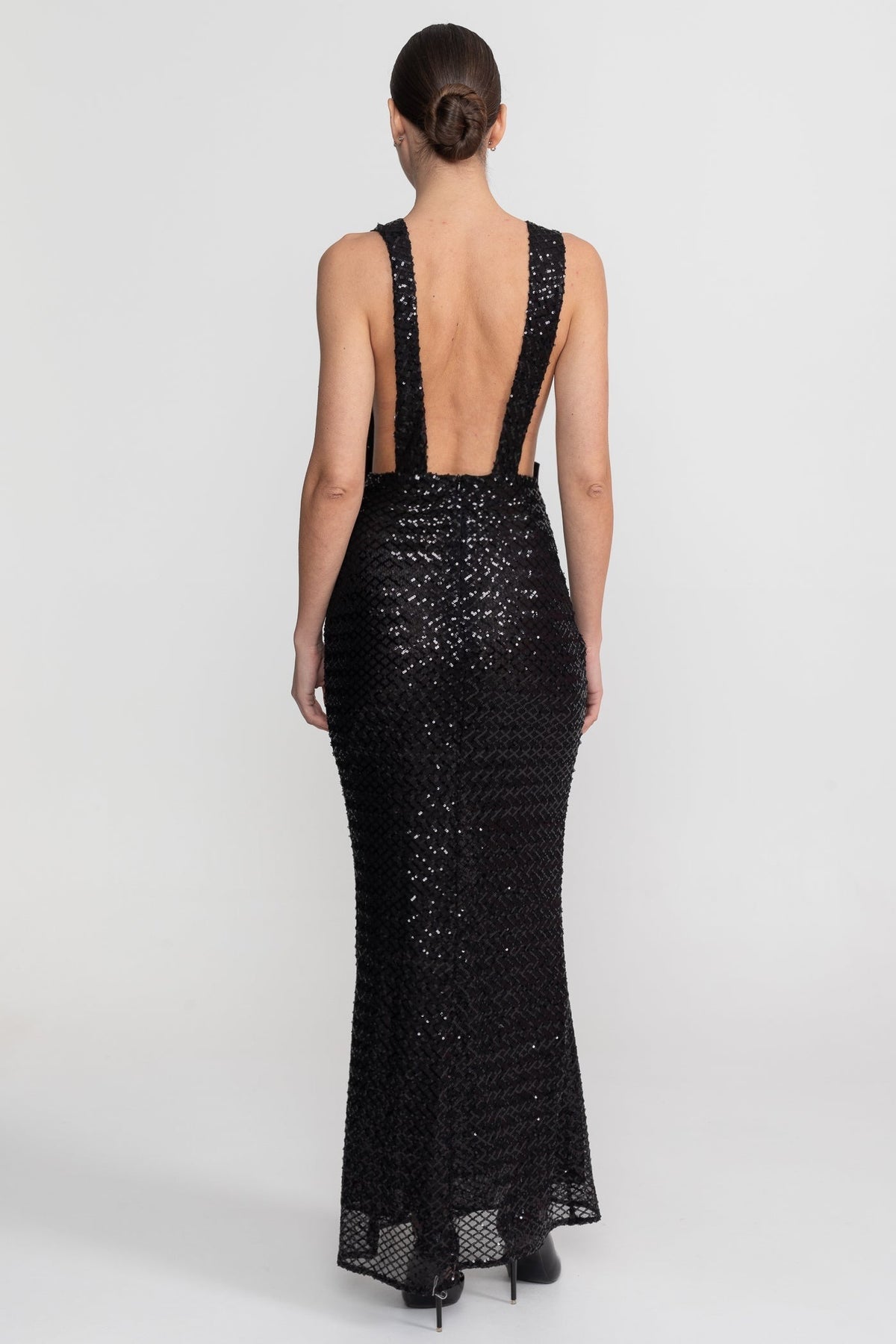 Sequin Maxi Dress With Satin Bow Detail - Black - View 7