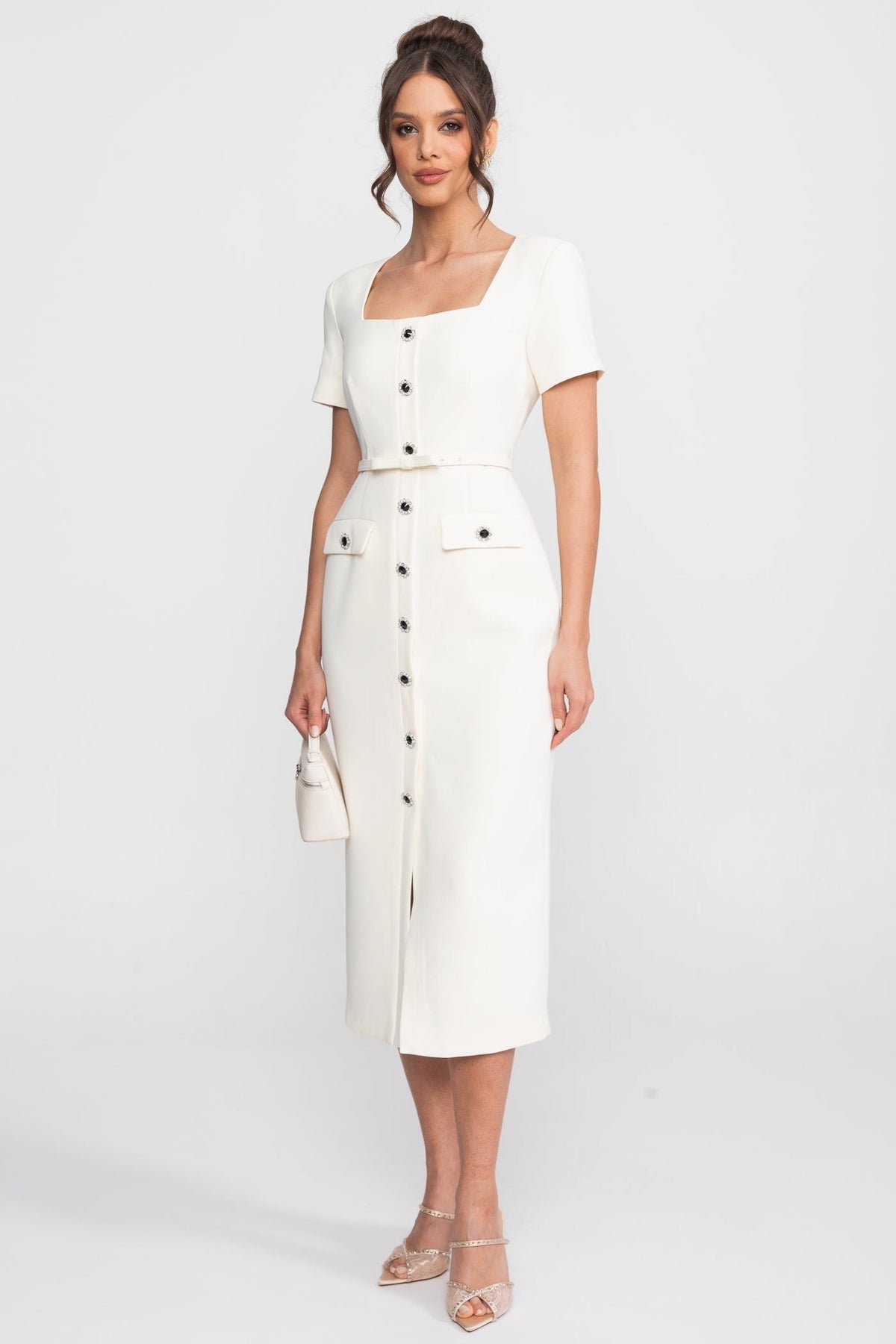 Square Neck Short Sleeve Jewel Button Belted Flap Pocket Midi Dress - View 5