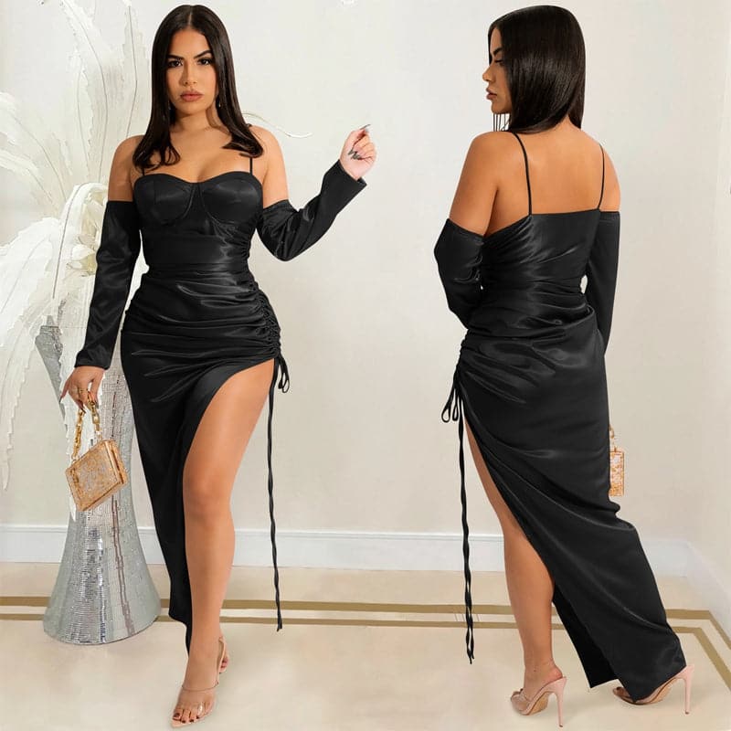Satin Corset Sweetheart Spaghetti Strap Long Sleeve Maxi Dress - View 2