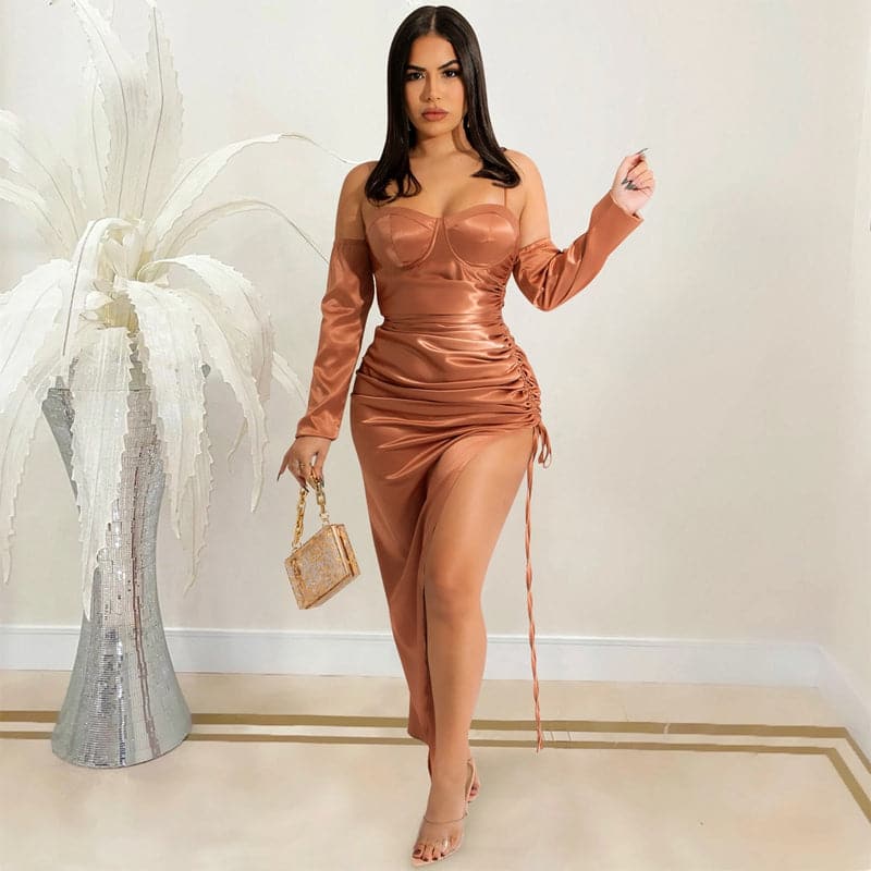 Satin Corset Sweetheart Spaghetti Strap Long Sleeve Maxi Dress