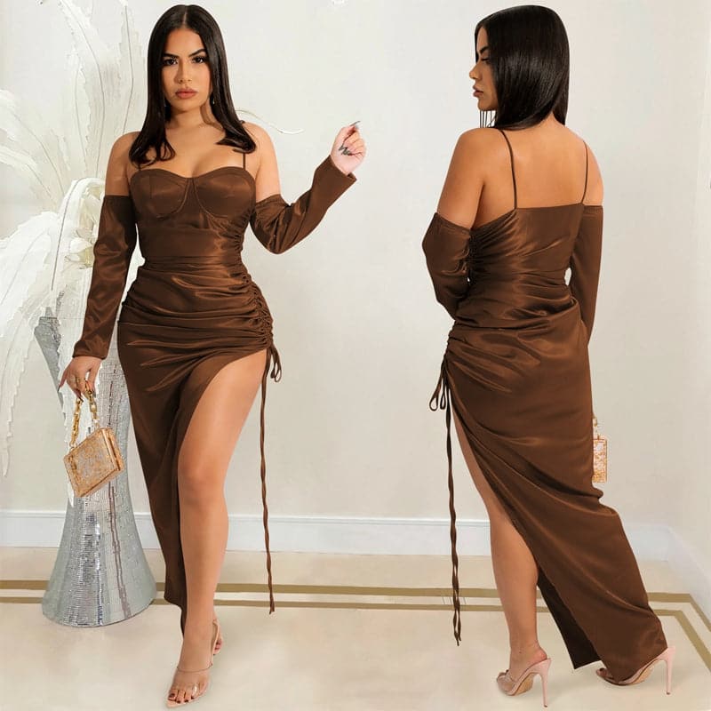 Satin Corset Sweetheart Spaghetti Strap Long Sleeve Maxi Dress - View 3