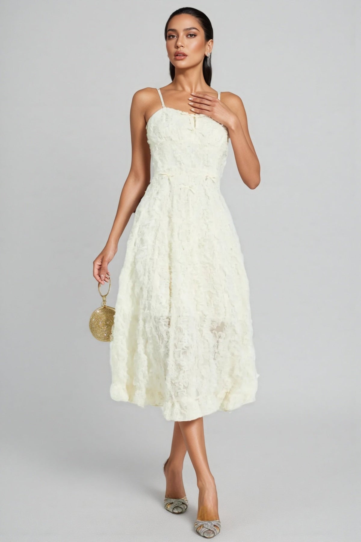 Kathle Beige Feather Midi Dress - View 3