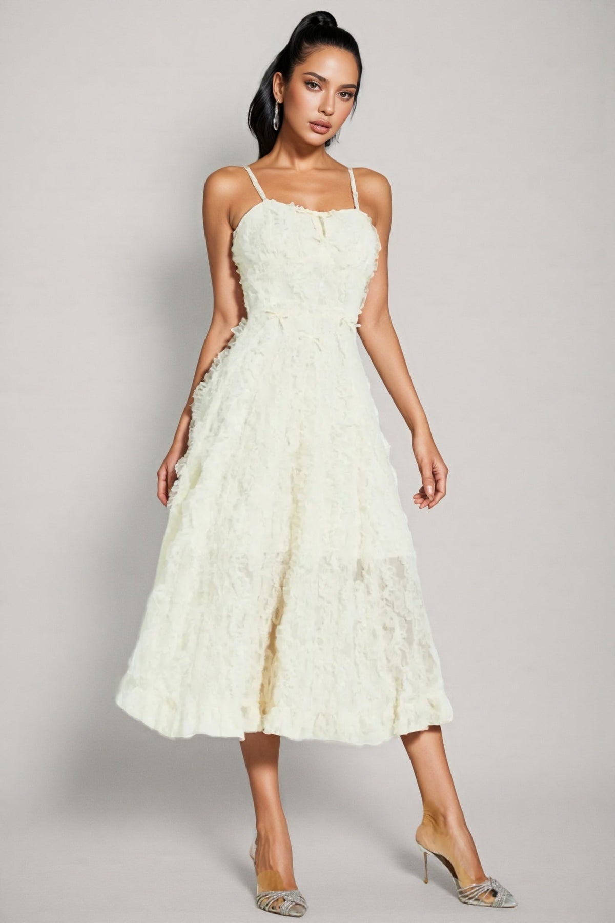 Kathle Beige Feather Midi Dress - View 2
