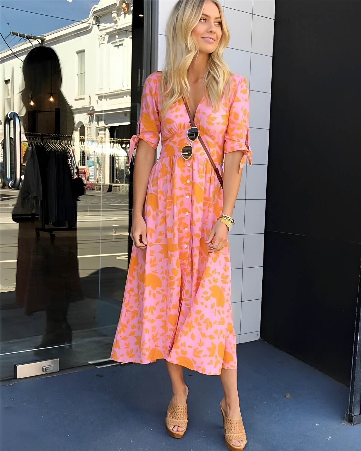 Deep V-Neck Button Front Tie Cuff Short Sleeve Midi Summer Dress - View 2