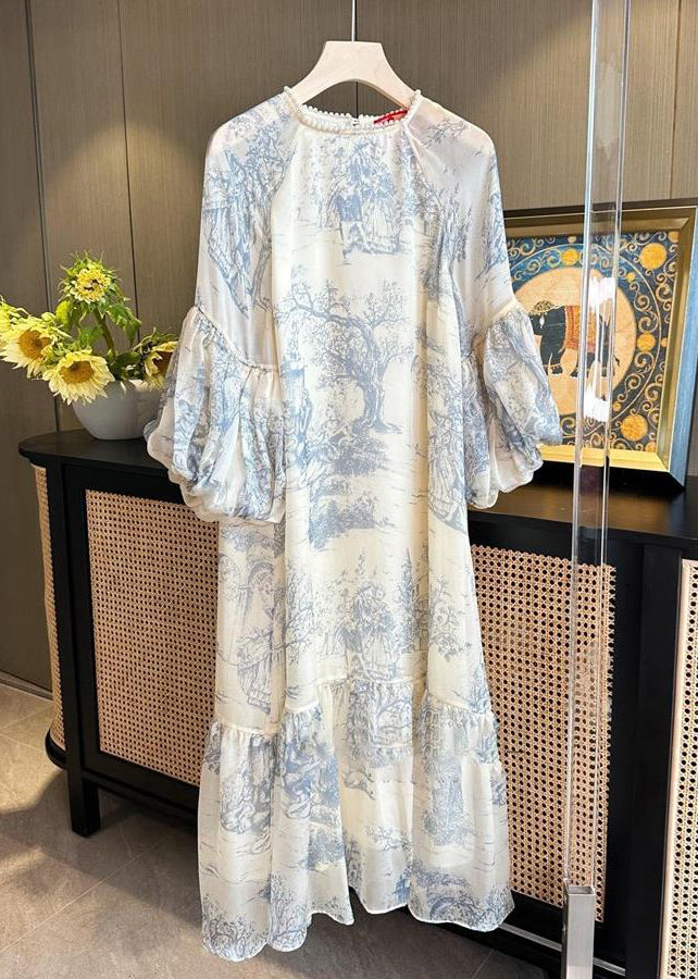 Toile Print Jewel Neck Lace Trim Lantern Sleeve Tiered Midi Dress