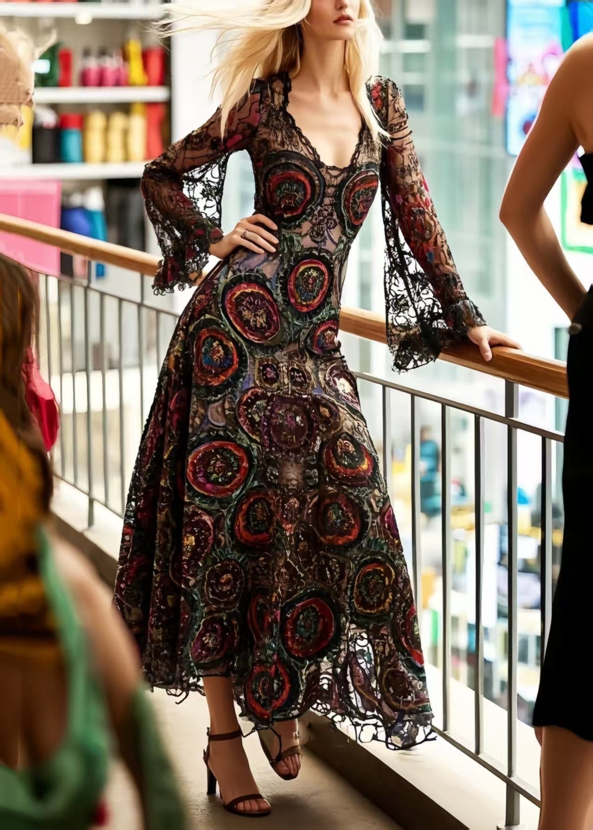 Lace Deep V-Neck Bell Sleeve Circular Print Fit and Flare Midi Dress