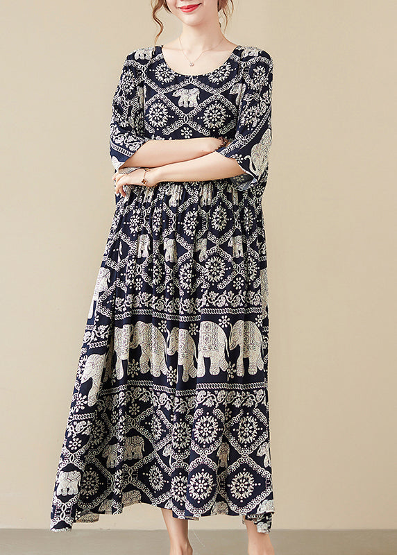 Chiffon Elephant Print Scoop Neck Half Sleeve Maxi Party Dress