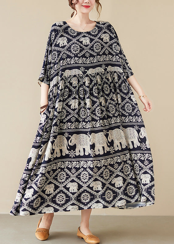 Chiffon Elephant Print Scoop Neck Half Sleeve Maxi Party Dress - View 2