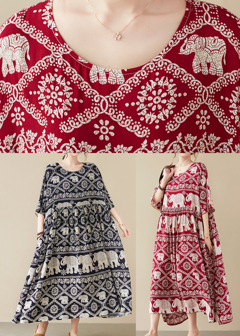 Chiffon Elephant Print Scoop Neck Half Sleeve Maxi Party Dress - View 5