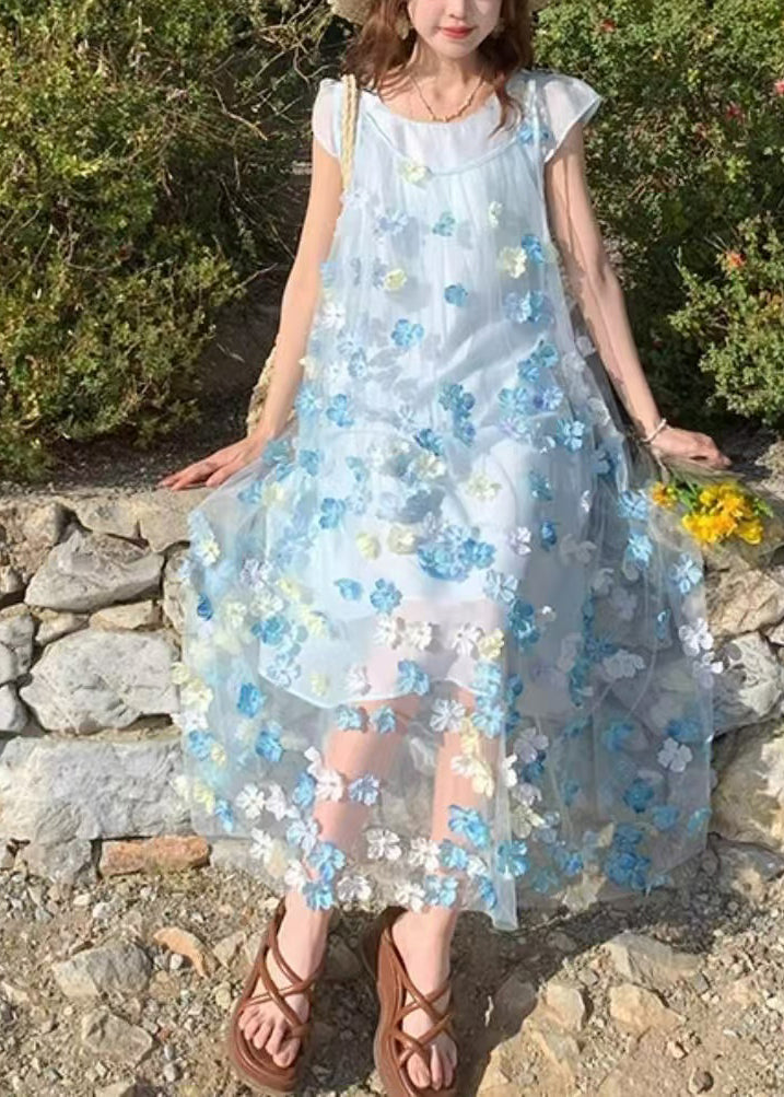 Beautiful Blue Floral Chiffon Long Dresses Two Piece Set