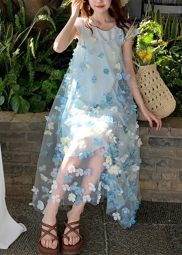 Beautiful Blue Floral Chiffon Long Dresses Two Piece Set - View 2