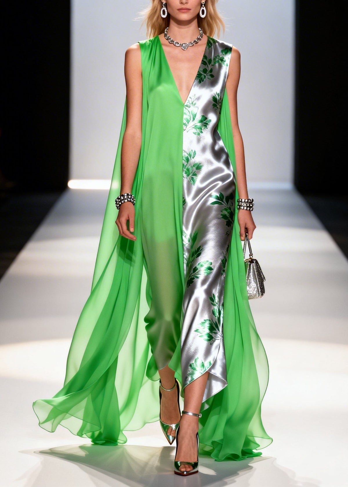 Leaf Print Split Panel Cape Overlay Deep V-Neck Asymmetric Gown