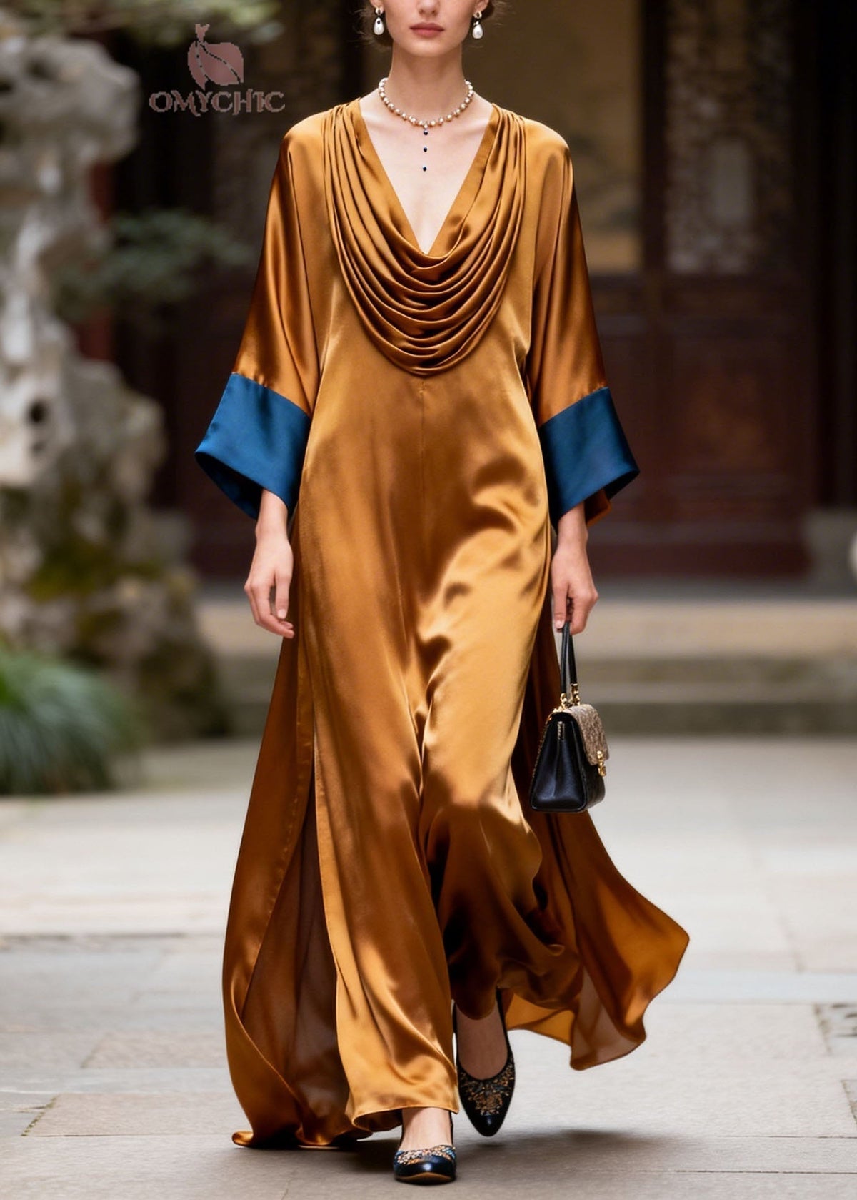 Satin Cowl Neck Draped Sleeve Contrast Cuff High Split Maxi Gown - View 3