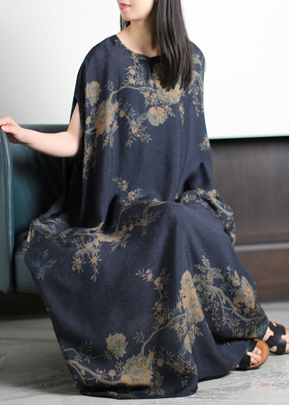 Round Neck Floral Print Satin Cocoon Maxi Dress - View 2