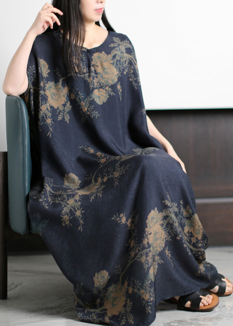 Round Neck Floral Print Satin Cocoon Maxi Dress - View 3